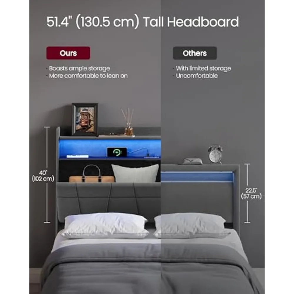 Queen Bed Frame with 51.4-Inch, Bed Frame Queen Size, with 4 Storage Drawers on Wheels, LED Lights, Charging Station image 4