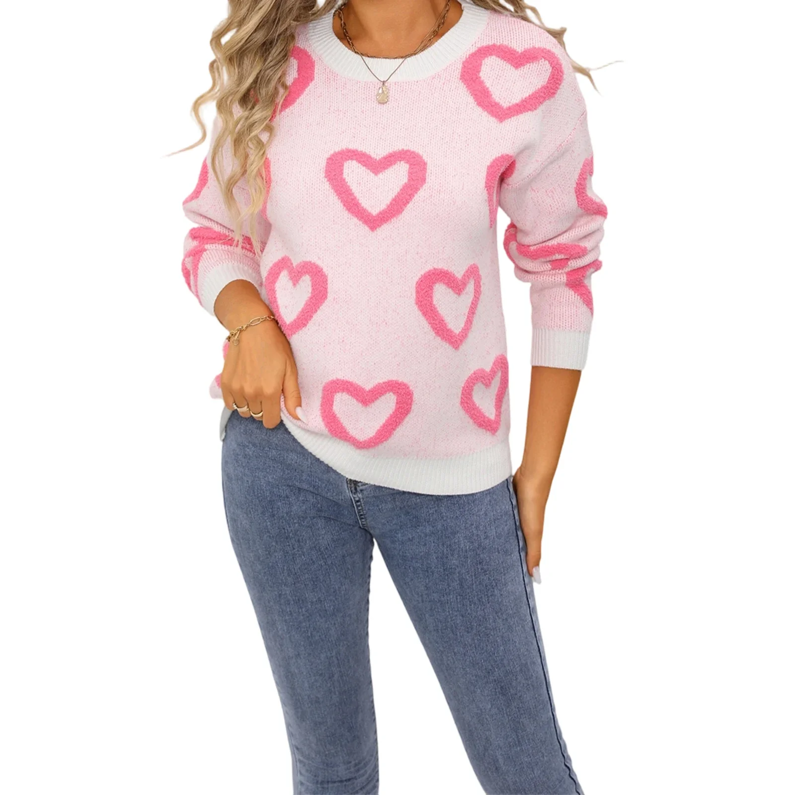 

Winter Fashionable Versatile Casual Round Neck Long Sleeve Knit Tops Women's Heart Sweater Fall