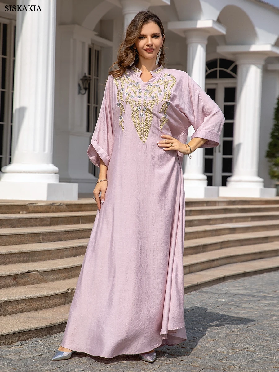 Siskakia Abayas Dresses For Moroccan Women Floral Embroidery Casual Long Dresses Three Quarter Sleeve Clothing Afrian Kebaya