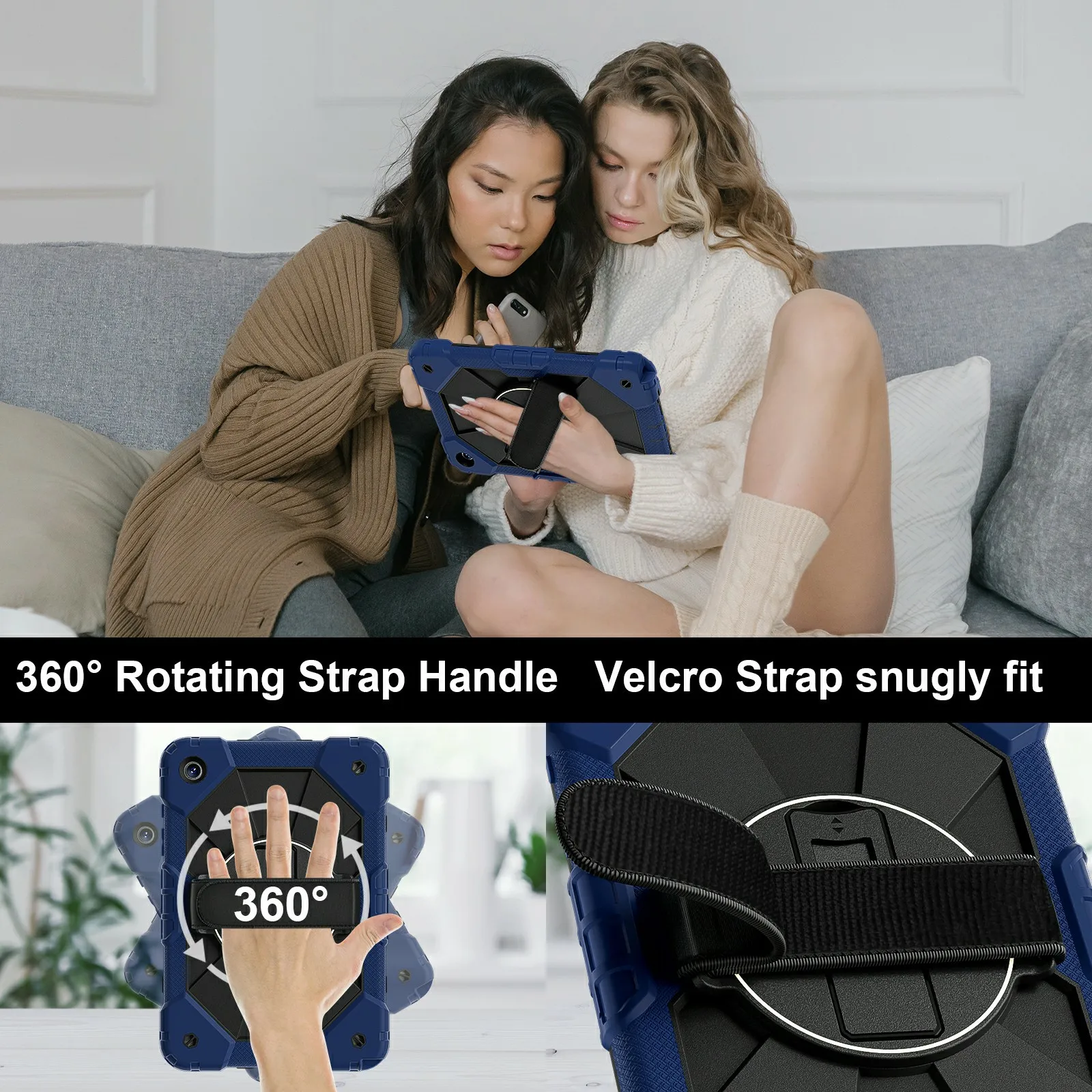 For Samsung Galaxy Tab A11+ Case Silicone + PC Kickstand Tablet Cover with Handy Strap - Navy Blue  /  Black