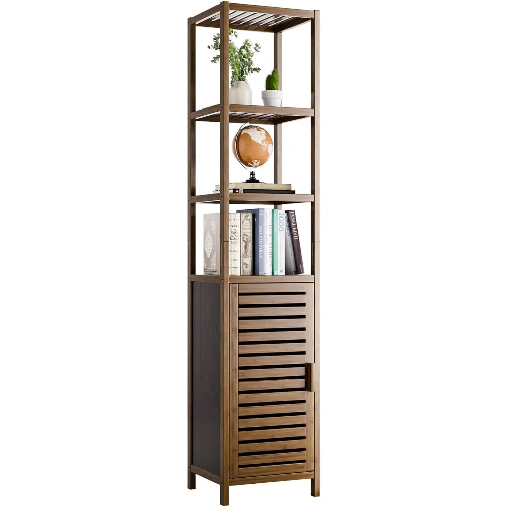 

Bathroom Cabinet, Bamboo Floor Cabinet Freestanding Narrow Storage Unit with Removable Shelves, 6 Tier Tall Cabinet, Walnut