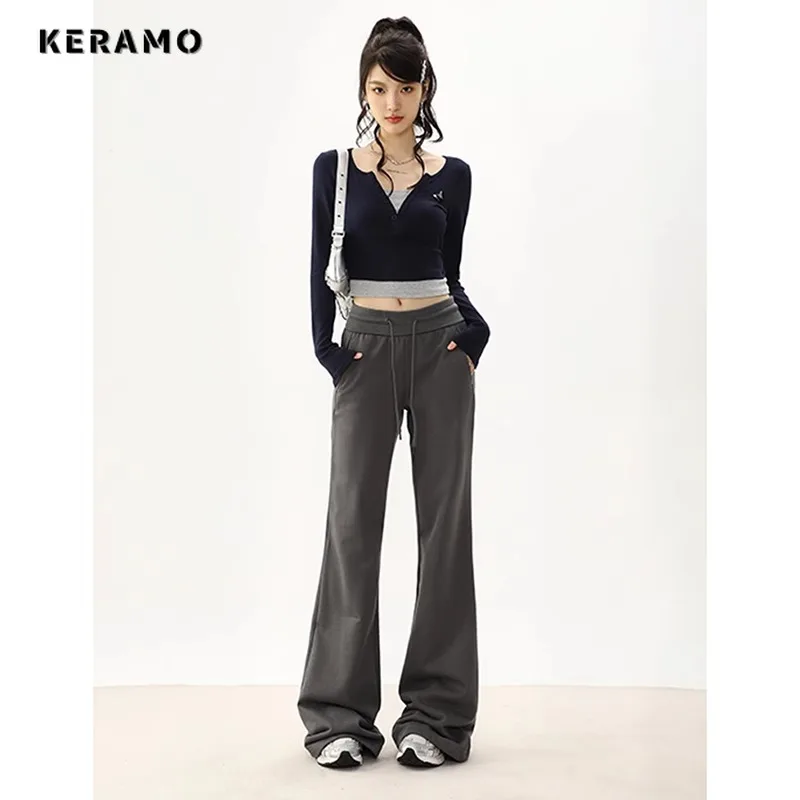 

2023 Autumn Winter Casual Solid Color High Waist Wide Leg Pants Women's Fashion Elastic Waist Drawstring Full Length Trousers