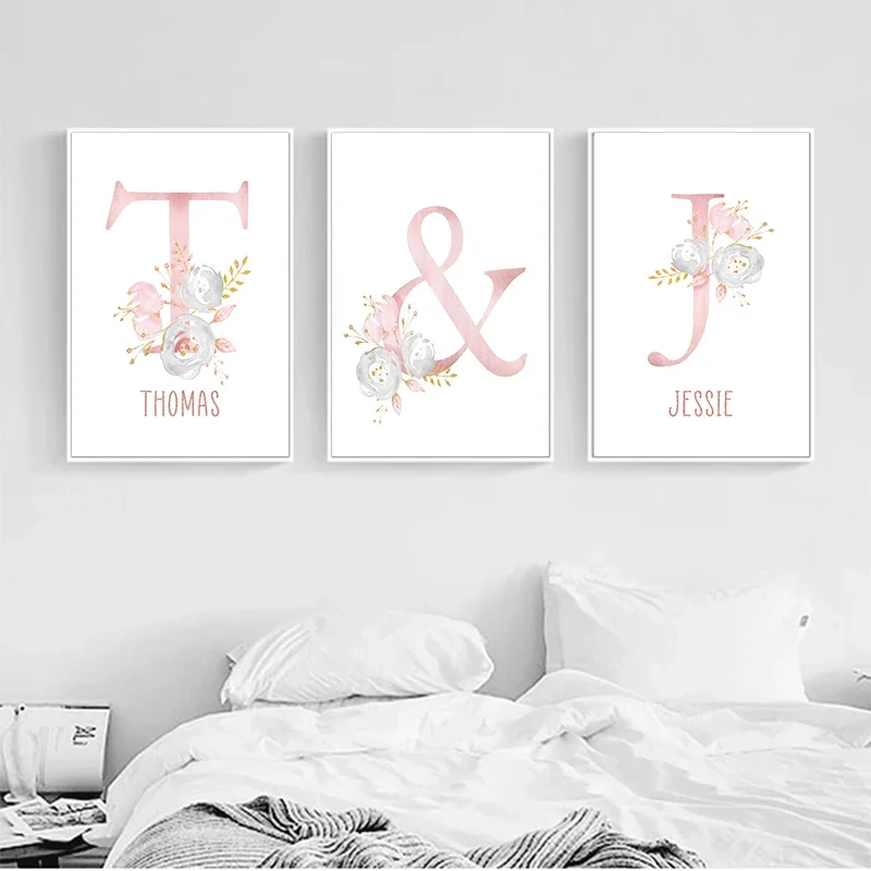 Nome personalizzato Poster Lettere floreali rosa Poster e stampe Ragazza Coniglio Tela Pittura Immagine della scuola materna Kid Baby Room Decor