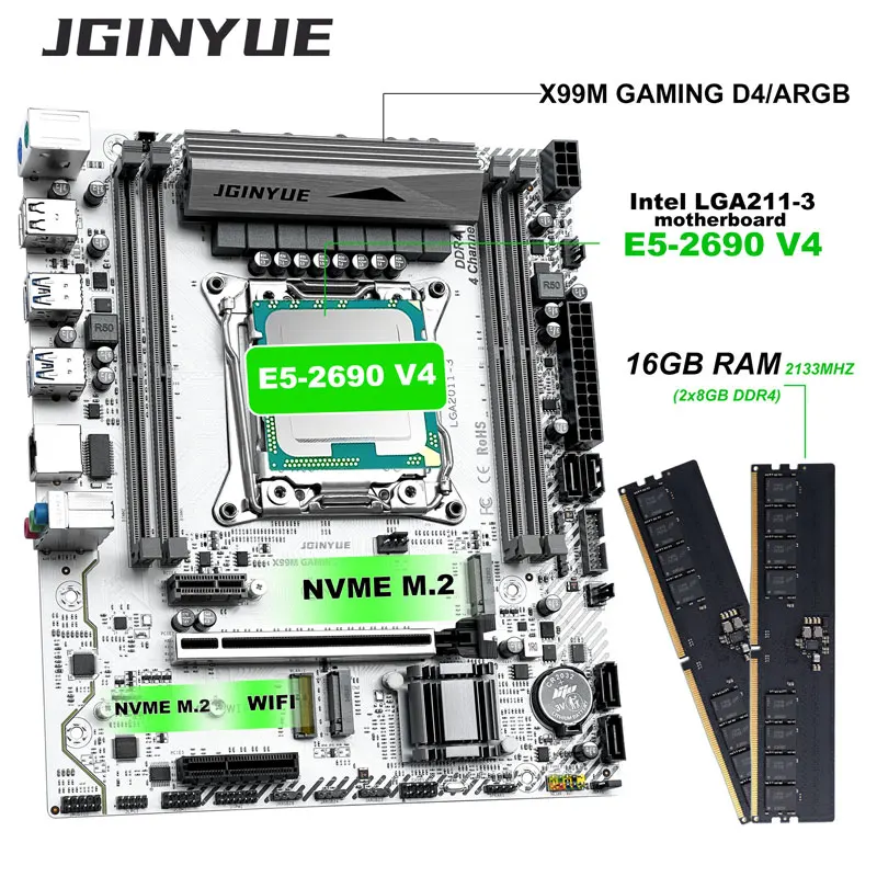 JGINYUE X99 Motherboard kit LGA 2011-3  Xeon E5 2690 V4 CPU+16GB (2*8GB）DDR4 RAM Memory NVME USB 3.0 Desktop