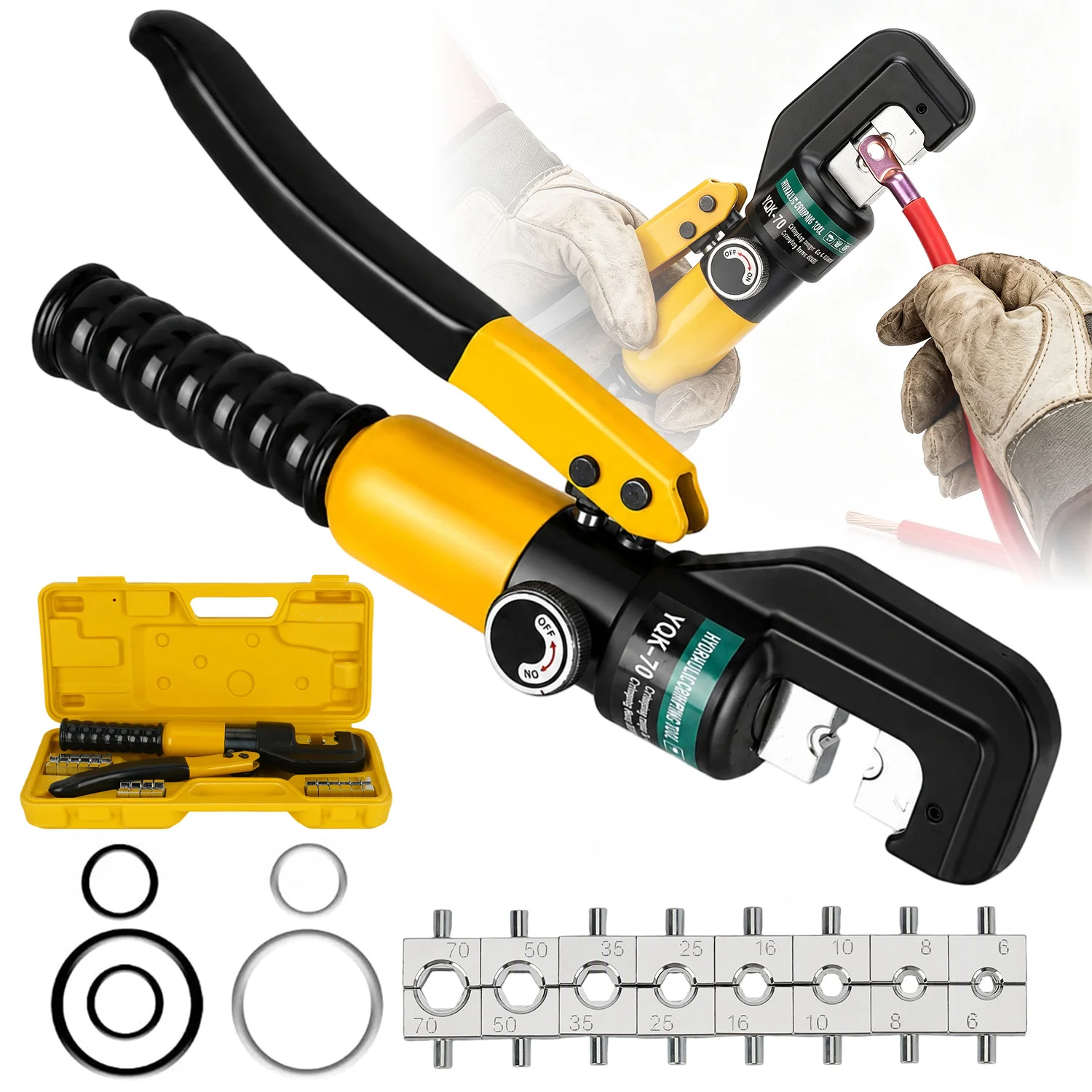 Ręczne narzędzie do zaciskania kabli, z hydraulycznym mechanizmem, w zestawie 9 matryc do zaciskania końcówek kablowych, ręczne narzędzie do zaciskania złączek i osłon kablowych.