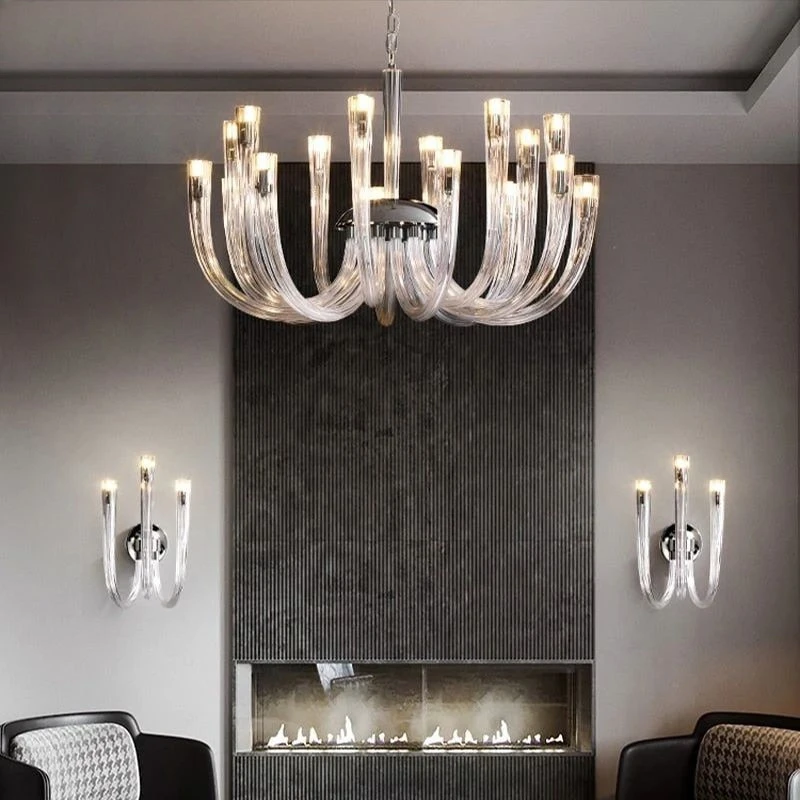 Modern 18 Light Clear Glass Tube Chandelier Chrome Plated Frame Pendant Light for Living Room Dining Room Bedroom  Luxury Art