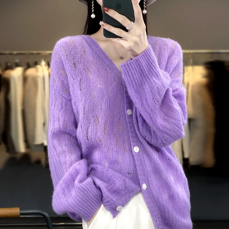 Spring Autumn New Woolen Sweater Women's V-Neck Long Sleeved Hollow Loose Lazy Solid Color 100% Pure Wool Knitted Cardigan Top