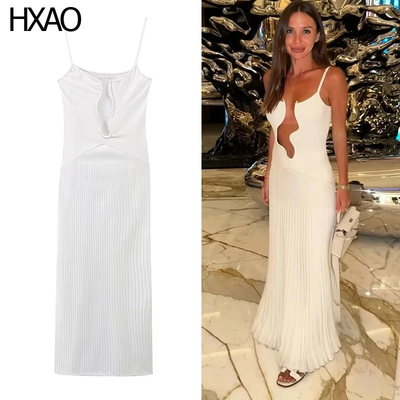 

HXAO White Slip Dresses Women Hollow Patchwork Knit Dress Summer Dress Sleeveless Pleated Dress Beach Dress Elegant Party Dress