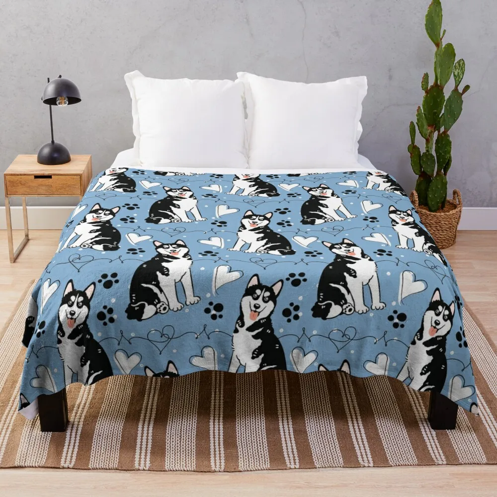 Love Black White Siberian Husky Dog 1 Throw Blanket Travel Polar Blankets