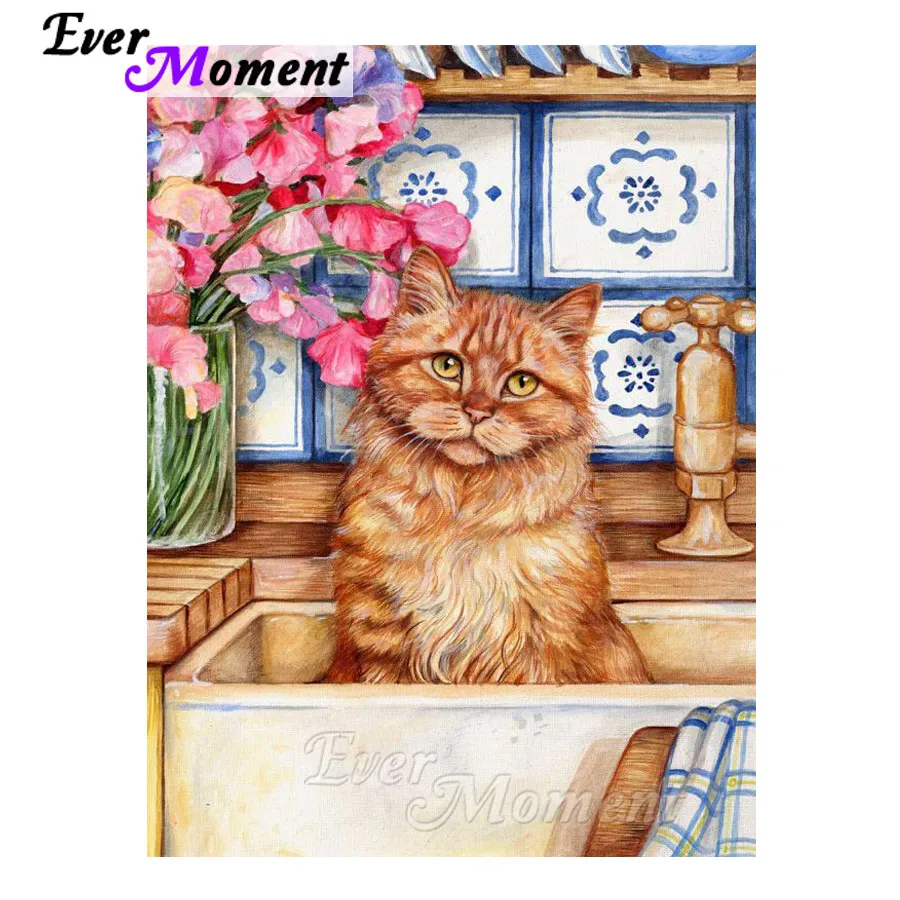 

Алмазная картина Ever Moment, кошка, животное, вышивка крестиком, полная дрель, круглая 5D DIY Алмазная вышивка, домашний подарок ASF1266