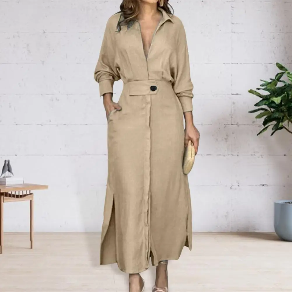 

Long-sleeve Lapel Dress Spring Maxi Dress Elegant V Neck Maxi Dress for Women with Slim Waist Split Hem for Fall Spring for Ol