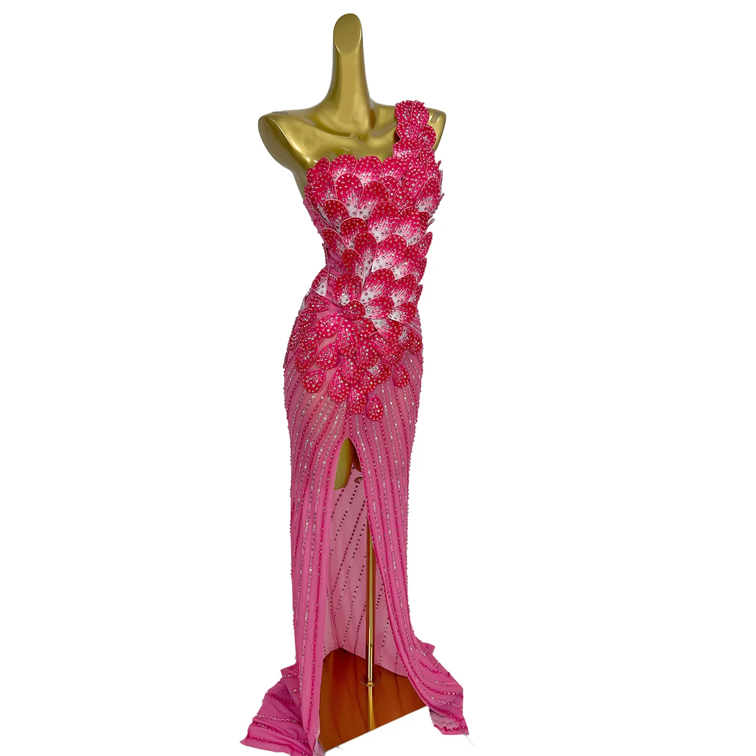 Haut de gamme élégant dames robe de soirée une épaule haute fentes latérales robe longue Sexy femmes maille transparente rose robe de bal Fenhuaduo