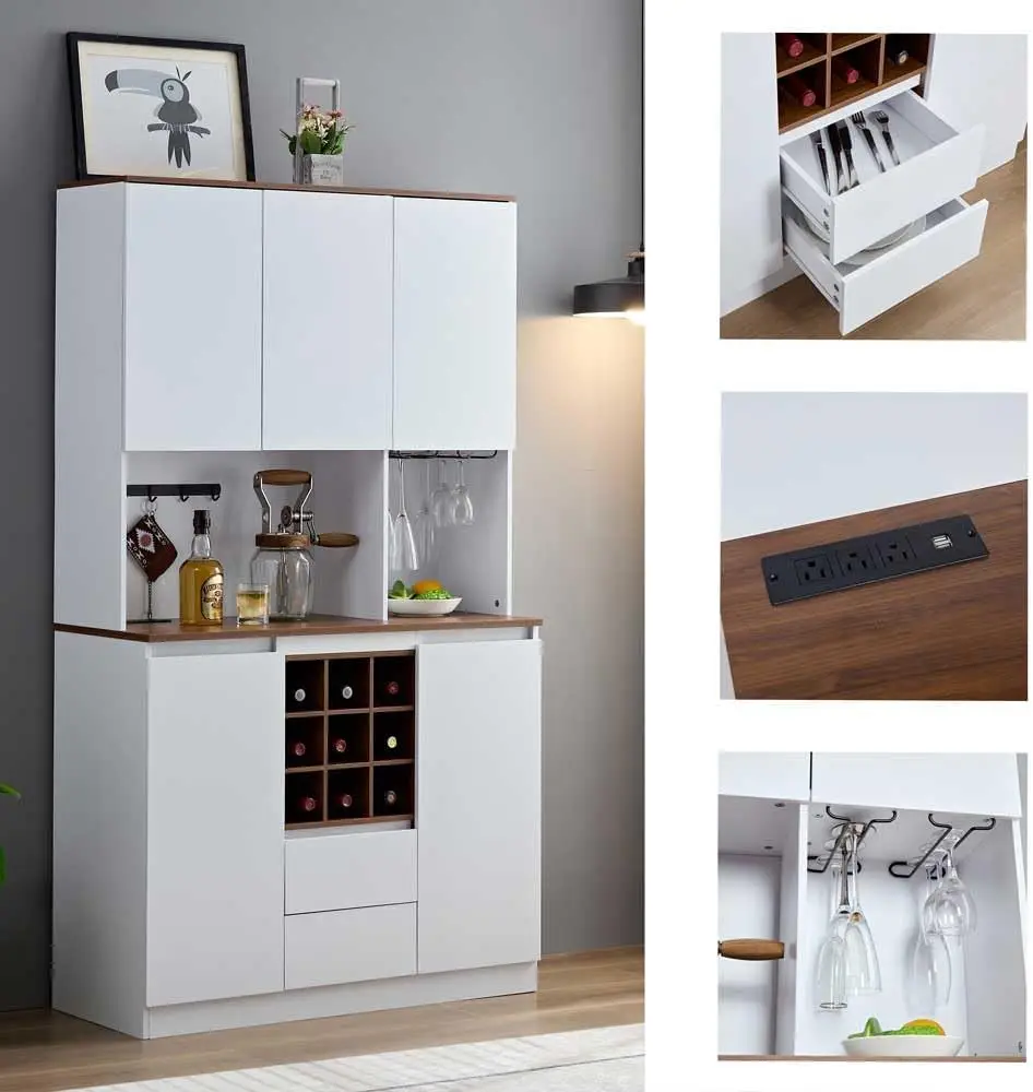 Armoire à vin de ferme avec rangement, café-bar, armoire de planche de cuisine, français ou armoire pour la maison et la salle à manger, blanc, 68.89 en effet