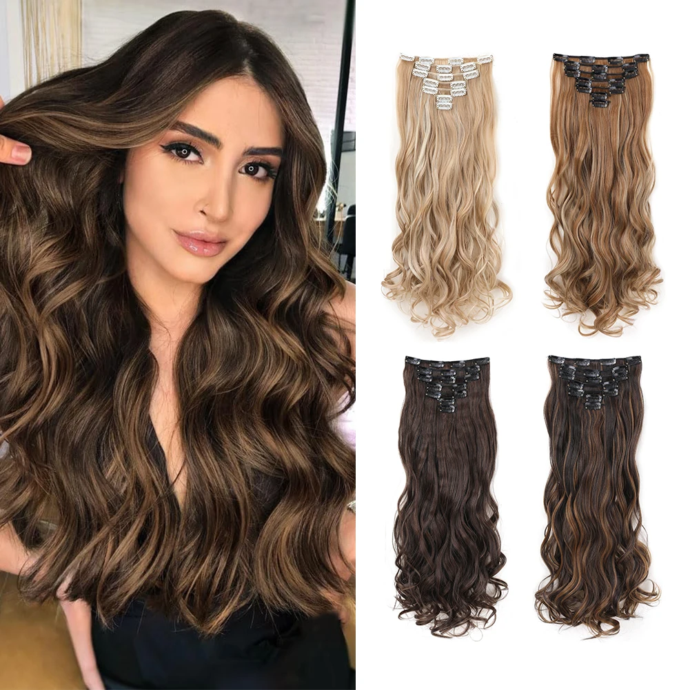 

Clip in Hair Extensions 7 PCS 22 Inch Hair Extensions Clip Ins Black Brown Long Wavy Hairpieces Clip In Synthetic Wavy Hair