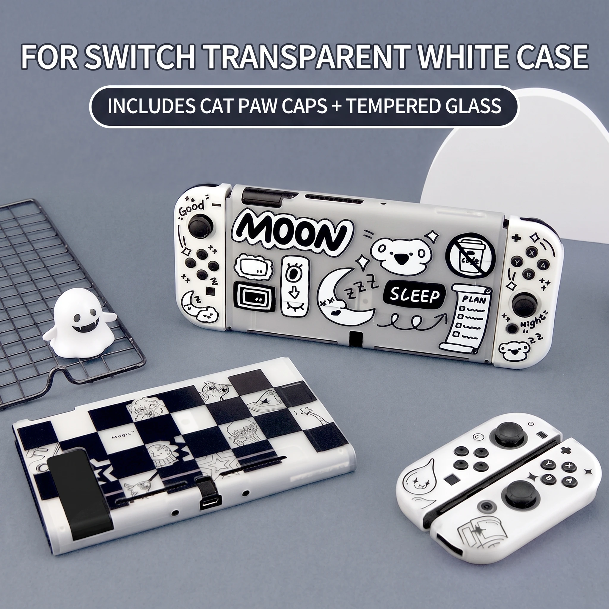 Hard Shell Split Transparent Matte Silicone Case for Nintendo Switch OLED, Cute Printed Matte Grip Handles + Hard Outer Shell