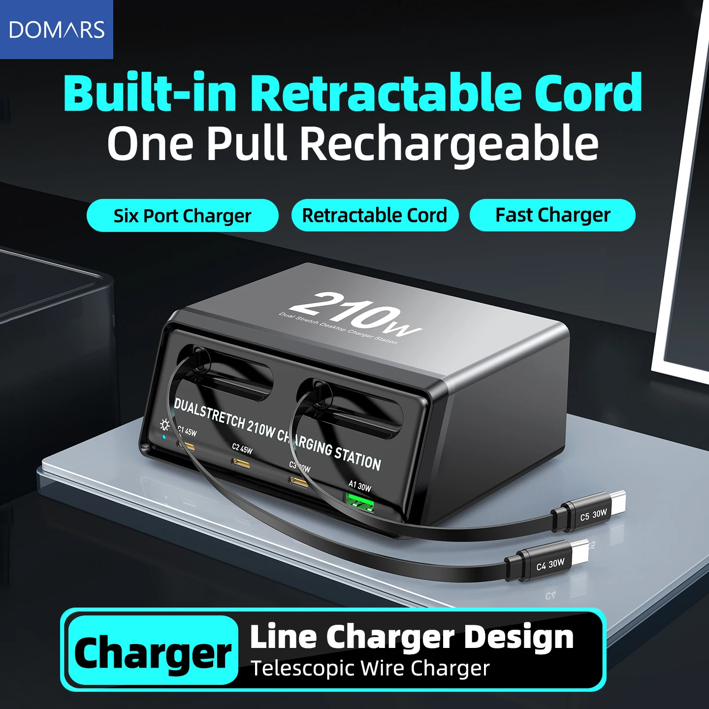 

Domars 210W Charger PD USB Type C PPS Fast Charging Station with Retractable Cable for iPhone Samsung Mobile Phones Tablets