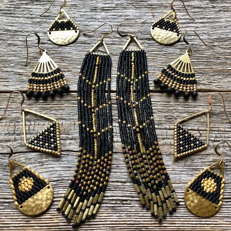 ZGMXR Rice bead earrings Geometry Triangle Bohemia Alloy Woman Hand weaving Fashion Simple Beaded earrings