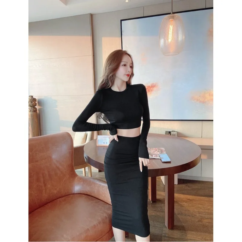 Godd Sle カジュアル ロングスリーブ ラウンドネックトップ ハイウエストスカート ツーピースセット 通気性 中薄 冬服