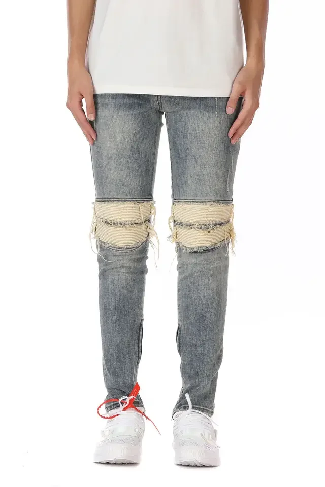 2025 New Black Blue High Street Motorcycle Leather Patch Skinny Tapered Jeans Trendy Personality Ripped Patch Pants