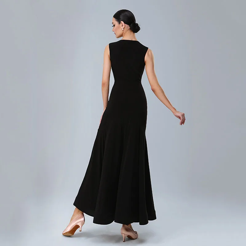 Standard-Tanzkleid für Damen, Walzer-Wettbewerbskleidung, schwarz, ärmellos, Performance-Kleider, Gesellschaftstanz, Bühnenkostüme 2415