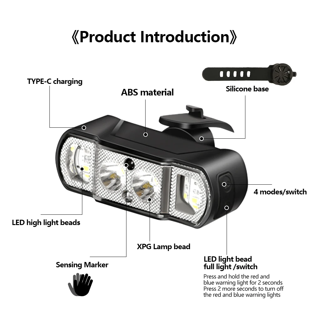 LED Smart Sensing Bike Front Light Type-C Rechargeable Headlight for MTB Road Bicycle Night Riding Safety Warning Accessories