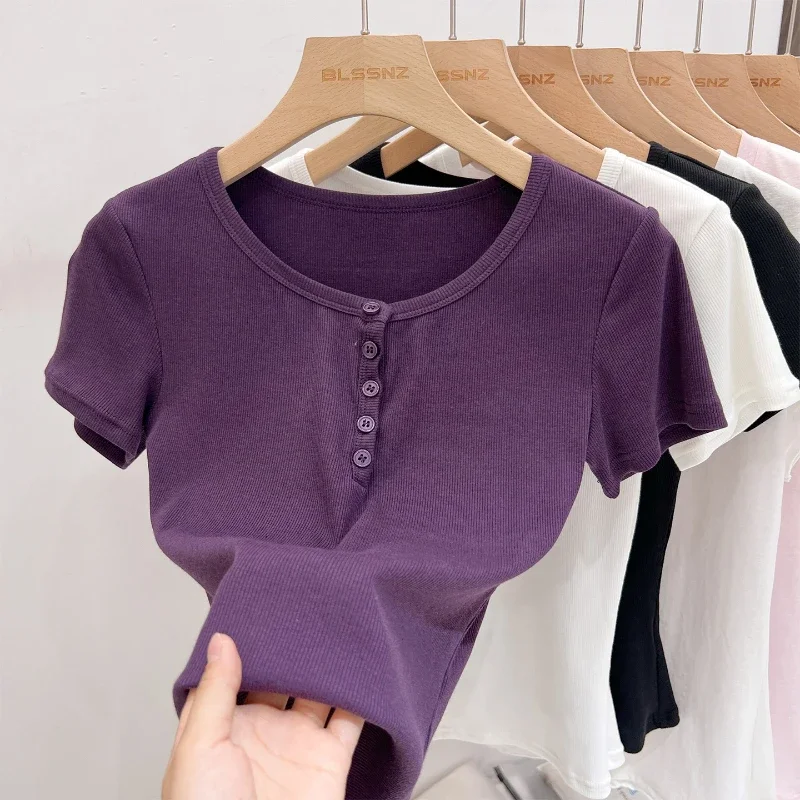 2026 Female Short Sleeve Top Korean Style Y2k Tees Women T Shirt V-neck Solid Button T-Shirt Clothes Ribbed Tops Slim Tshirt