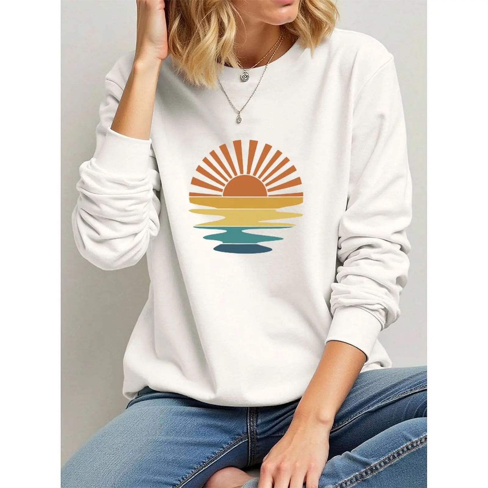

2025 Fashion O-Neck Pullovers Woman Round Neck Long-sleeve Velvet Winter Casual Positive Sunrise Scenery Print Sweatshirt