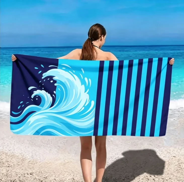 Large Microfiber Beach Towel, Navy & Turquoise Striped Dolphin Print, Sand Free & Quick Dry, for Nautical Summer Beach Use