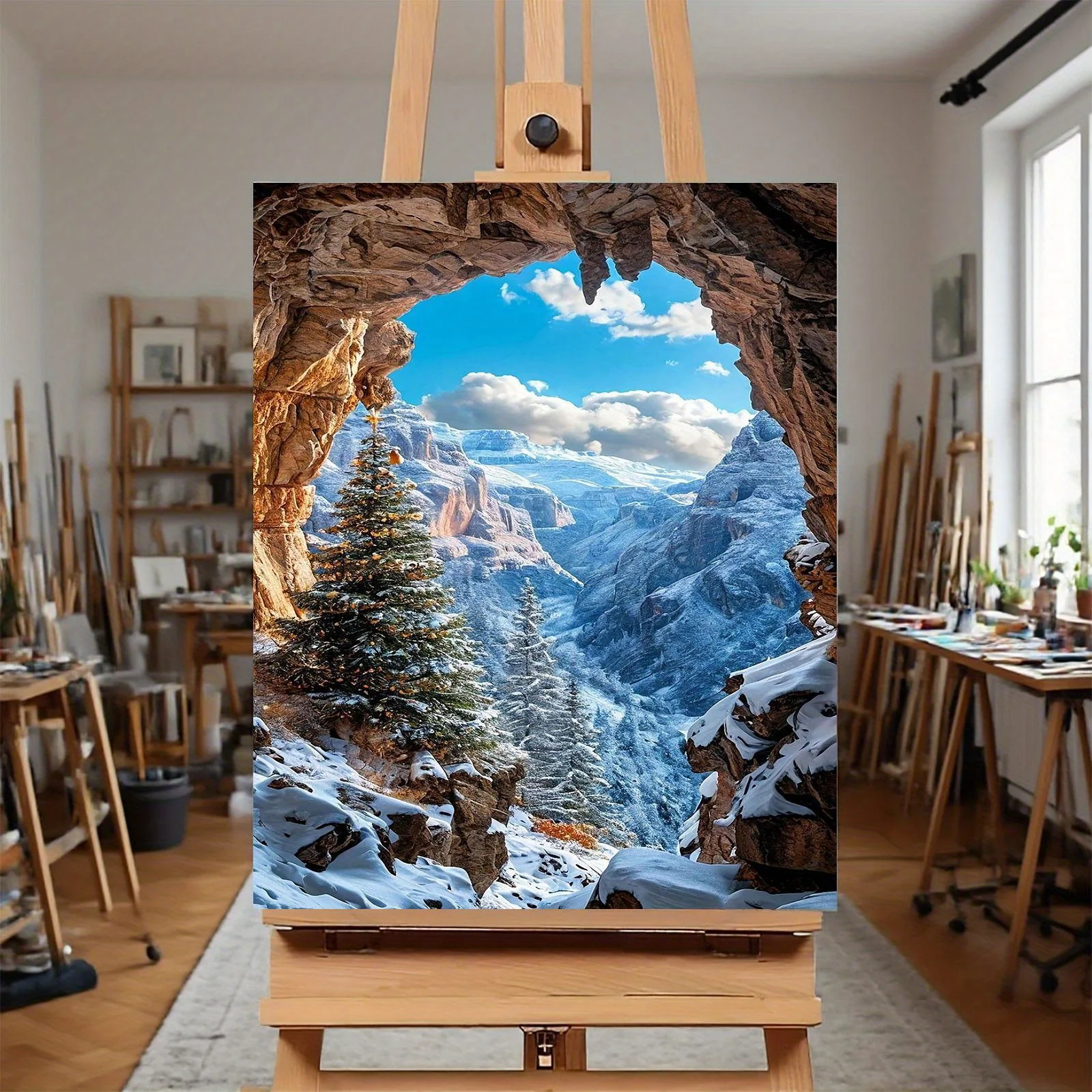 Professional Art Use: A Frameless DIY Digital Oil Painting Kit Featuring a Snow-covered Mountainous Landscape with a Cave Vie