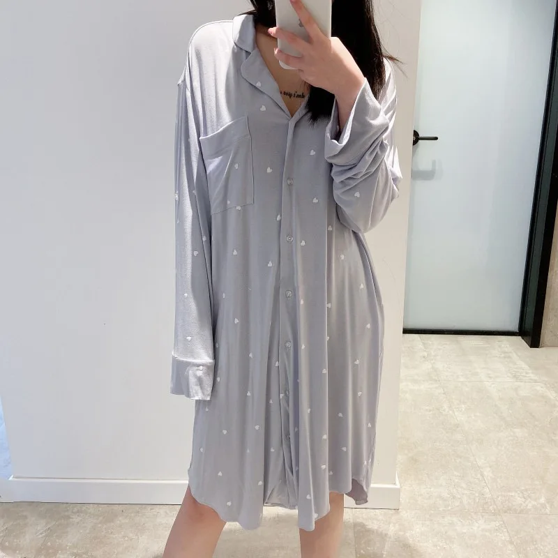 QWEEK Modal Women\'s Shirt Cardigan Sleepwear Soft Basic&Casual Knee-length Night Dress Loungewear Korean