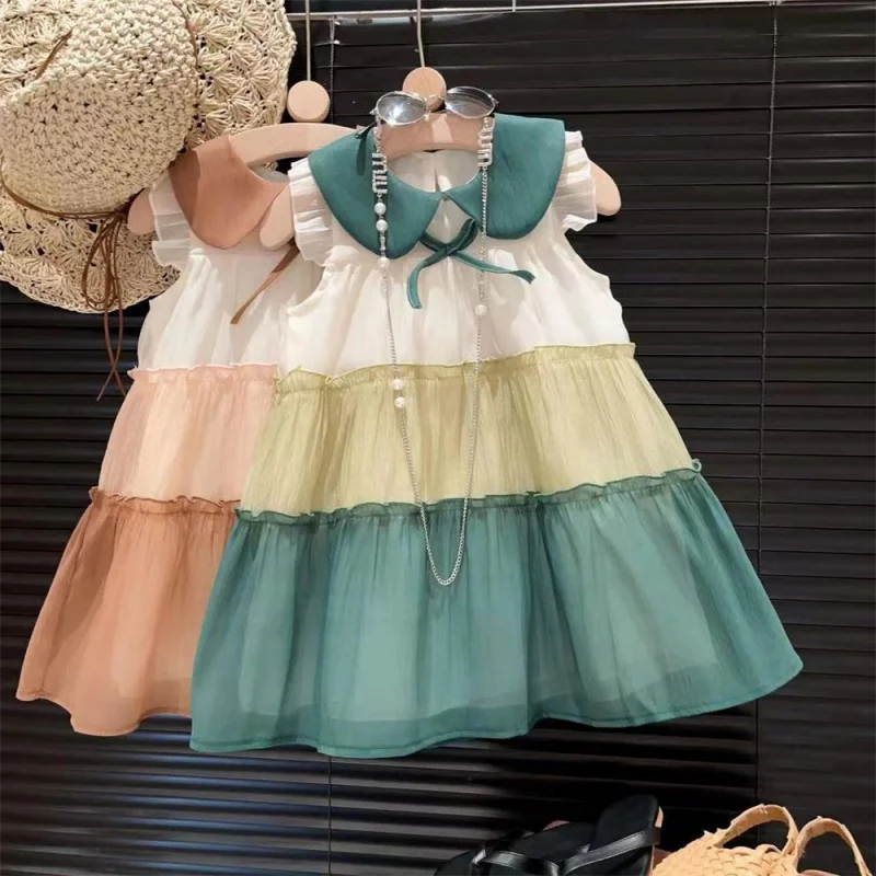 New Collar Lace Flounced Sleeve Spun Yarn Sweet Princess Vest Dress2024Summer Dress Sleeveless Multi-Color Cake Delivery-WSNY