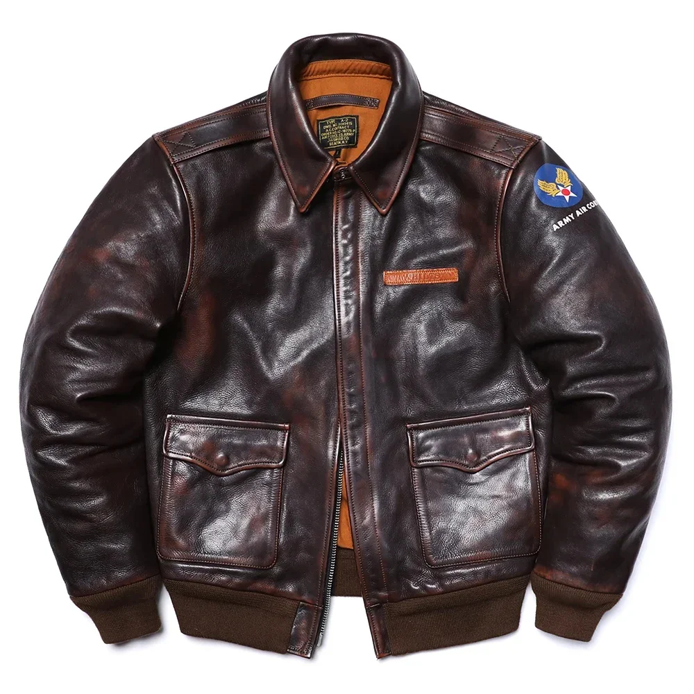 A-2 Style 1.6mm Thickness Cowhide Air Force Men Vegetable Tanning Genuine Leather Flight Jacket Motorcycle Coat A2 Clothes