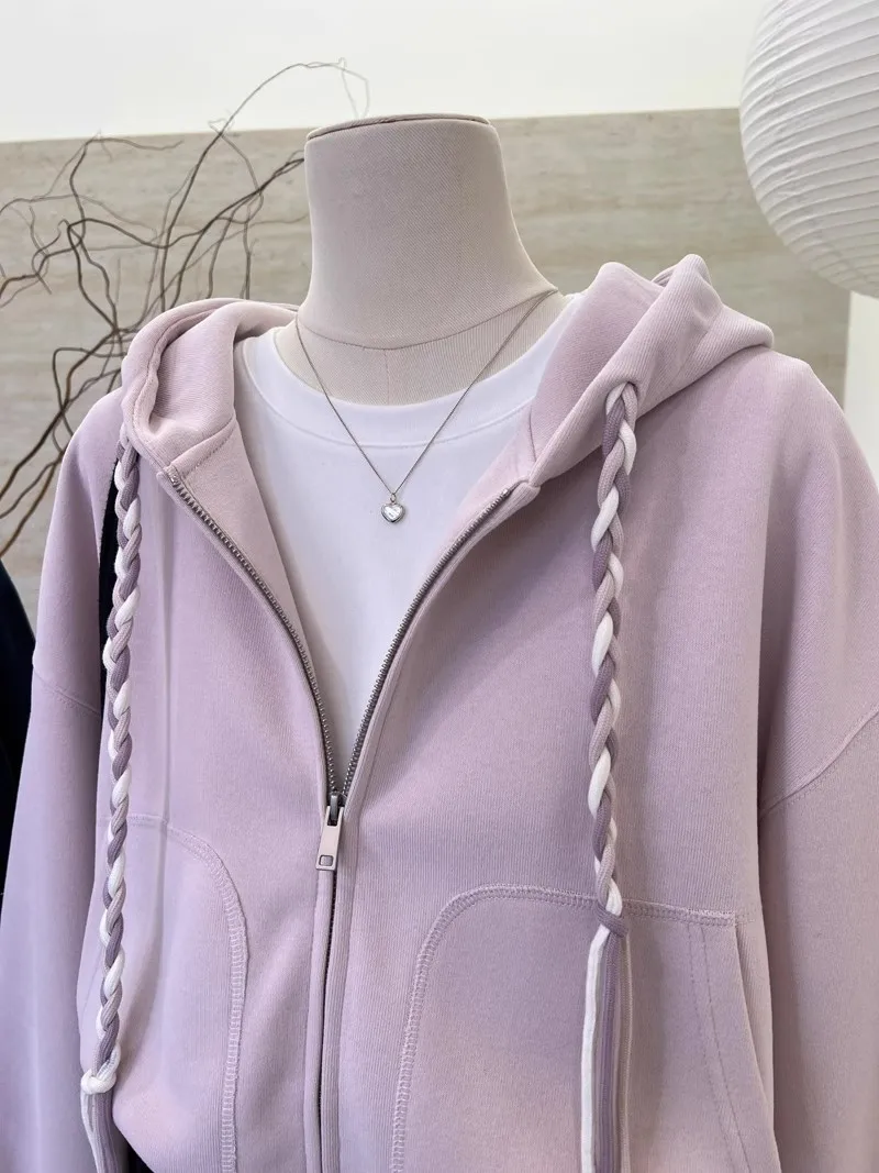 Braided Drawstring Cropped Zip Up Women's Hoodies Solid Color Long Sleeve Sweatshirt Spring Autumn Casual Jacket with Pockets