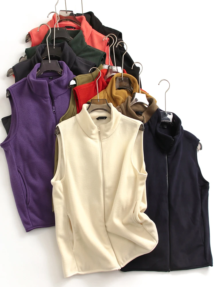 Couple's Style Fleece Vest Zipper Closure Sleeveless Stand Collar Outdoor Casual Jacket Polyester Fabric Regular Length