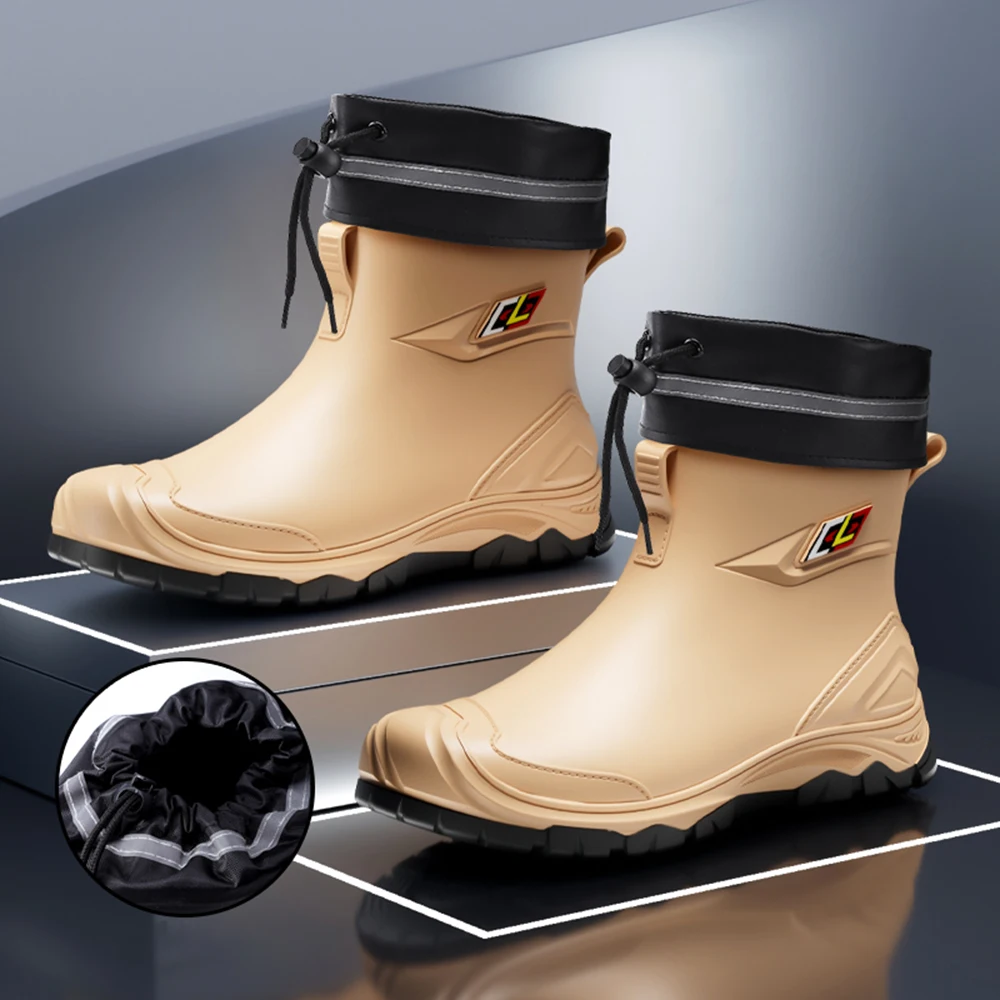 Outdoor-Arbeitsstiefel im britischen Stil, rutschfest, wasserdicht, mit Kordelzug, Trommelverschluss, für alle Jahreszeiten geeignet, Herren-Regenstiefel – Detail 4