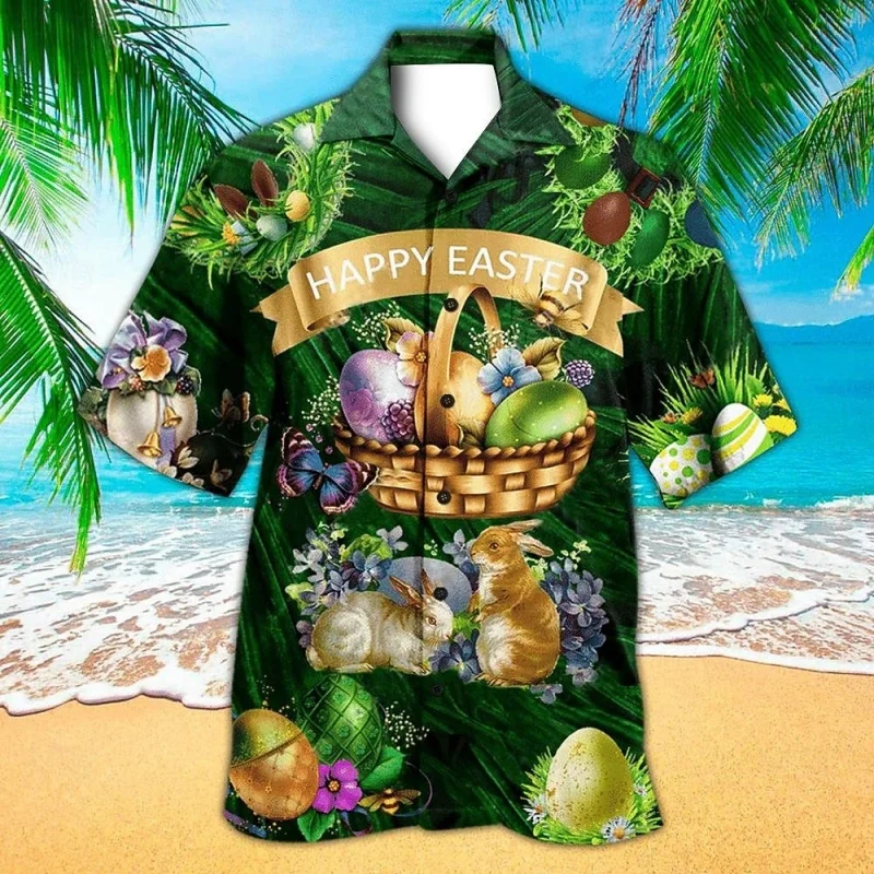 

Easter Egg Pattern Hawaiian Shirt For Men Rabbit Flower 3D Print Short Sleeves Summer Street Blouse Surf Beachwear Aloha Shirts