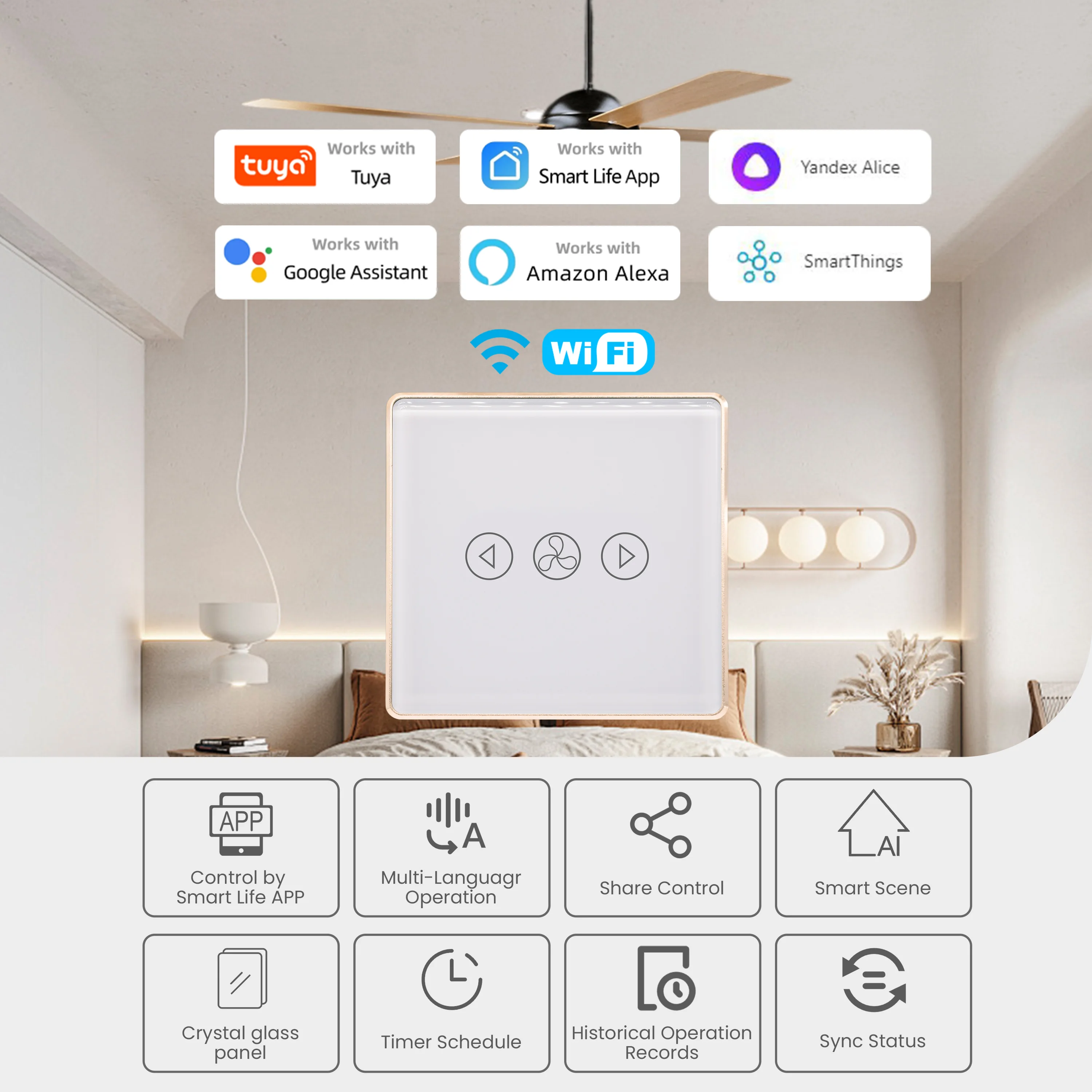 

Выключатель вентилятора Wi-Fi, европейская золотая алюминиевая рама, 2,5D Arc Edge, таймер, расписание, настенный выключатель света с нейтральным проводом, стекло Tuya