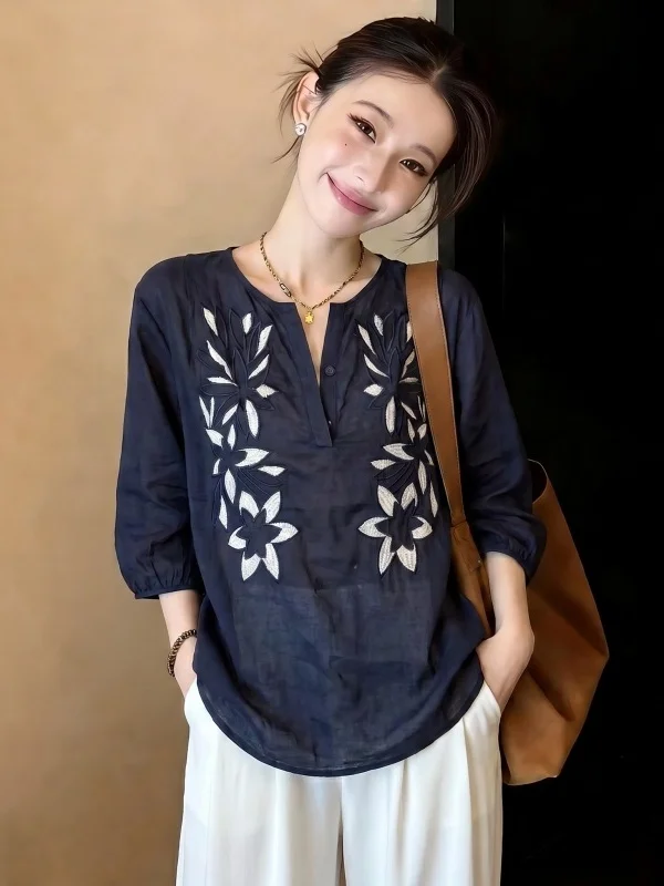 

New Chinese Style Embroidered Short Sleeve Shirt Women's Summer Thin Linen Top Large Size Fashionable Commute Style Loose Fit