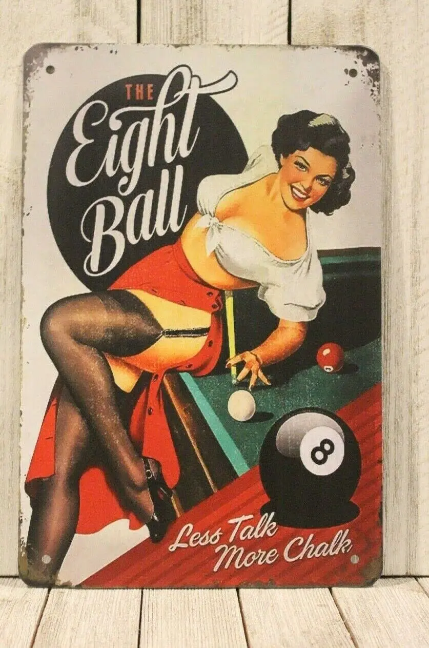 Pinup Girl Ball Billiards Room Tin Sign Poster Pool Hall Table Rustic Garage & Home Cafe Bar Club Wall Decoration Plaque Sig