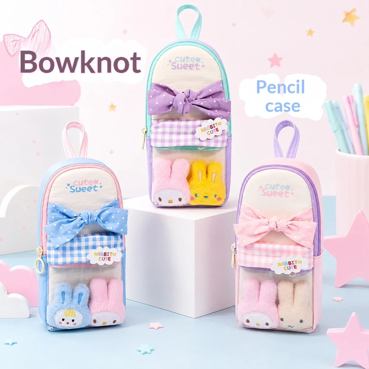 Rabbit Cute Pencil Pouch Large Capacity Multi Layer Color Block Aesthetic Stationery Pencil Case Portable For Daily Office Use