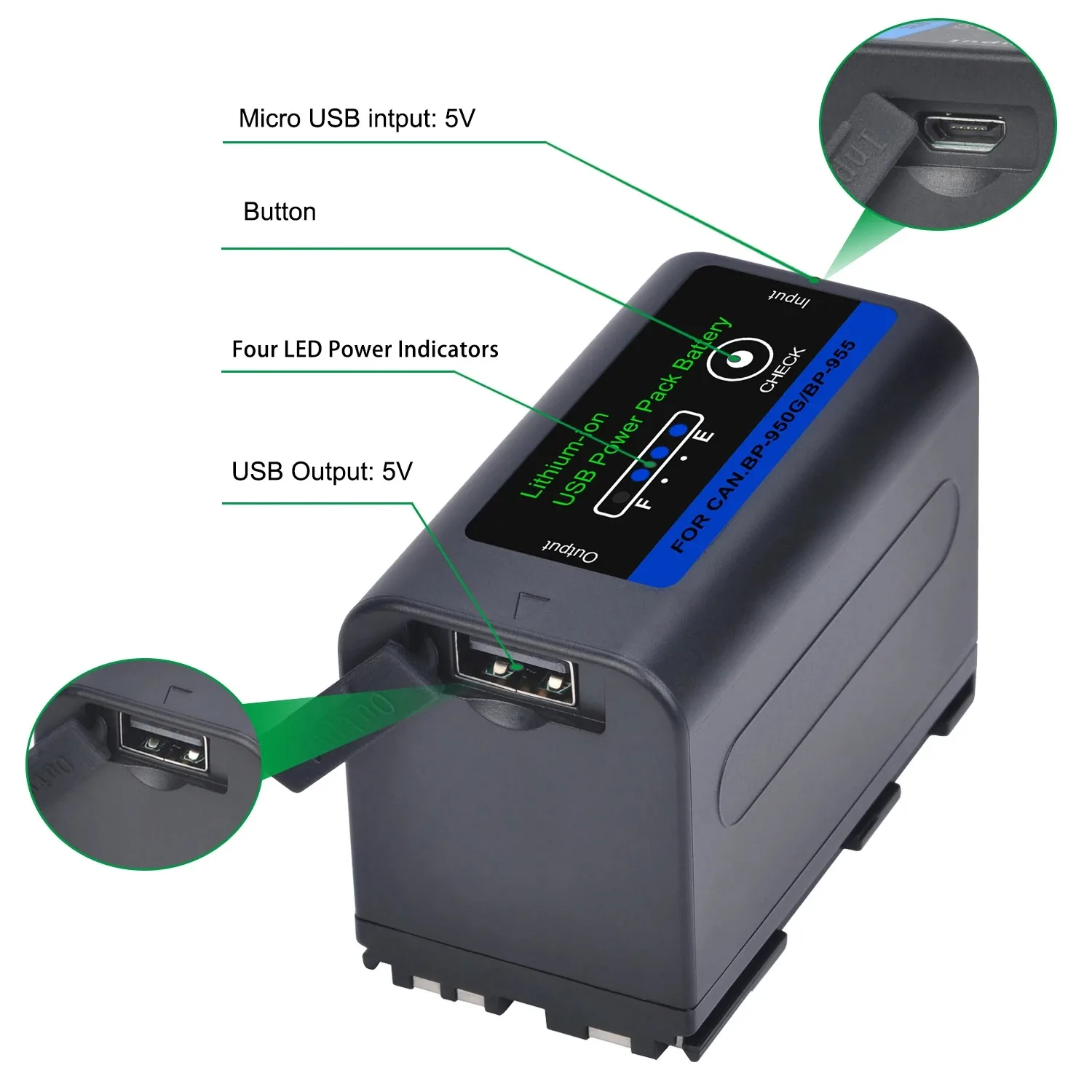 

5600mAh BP-950G BP-955 Battery with Micro USB Charge Port for Canon XL1 XL1S XL2 GL1 GL2 XF305 BP-911 BP-914 BP-915 BP-970G