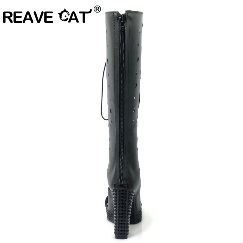 REAVE CAT Women\'s summer boots Ladies platform High heel Gladiator cross tied Peep toe Big size Black White A700