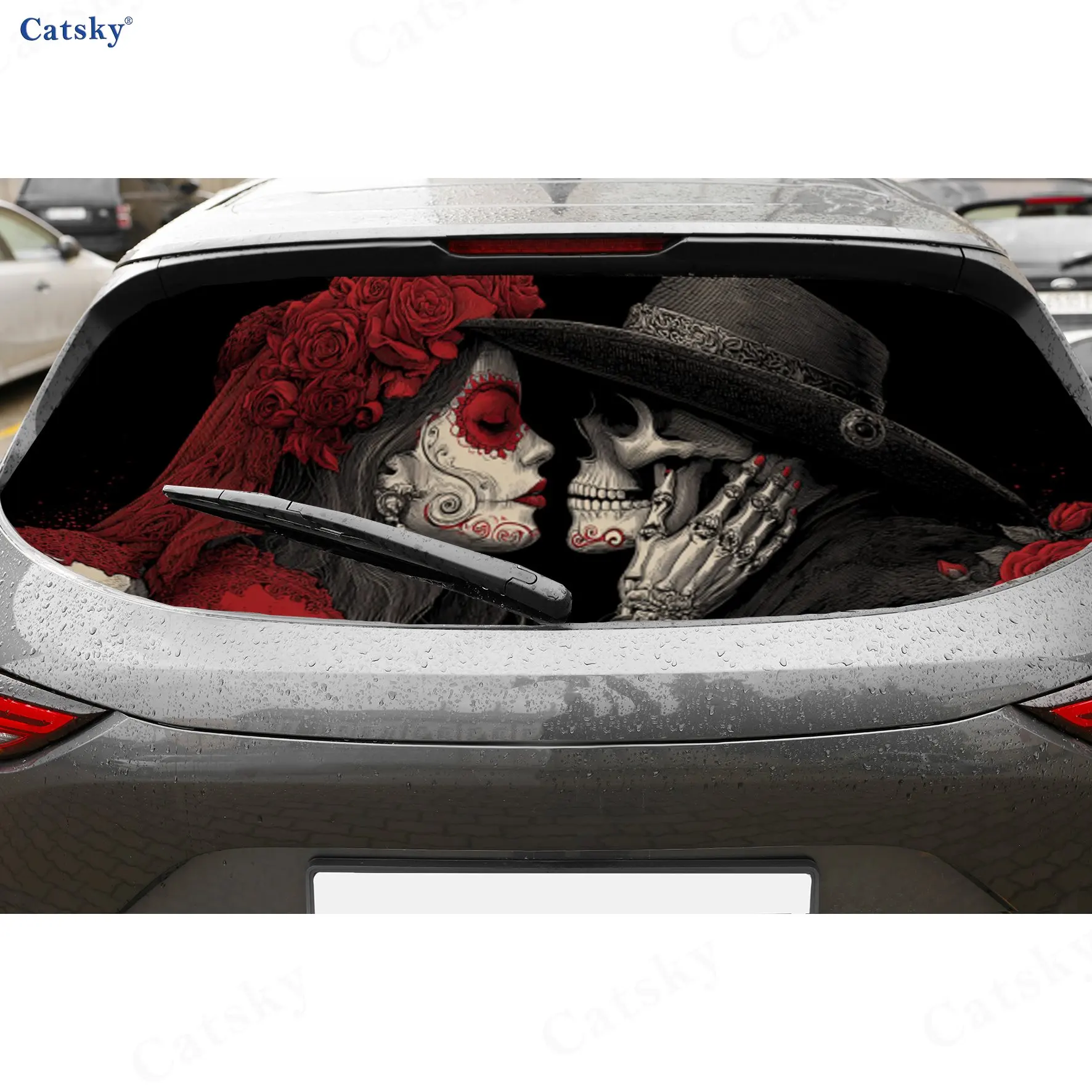 

Mexican Folk Skull Thrill PVC Perforated Car Vinyl Wraps, Durable Car Rear Windshield Sticker, Waterproof Car Rear Window Decal,
