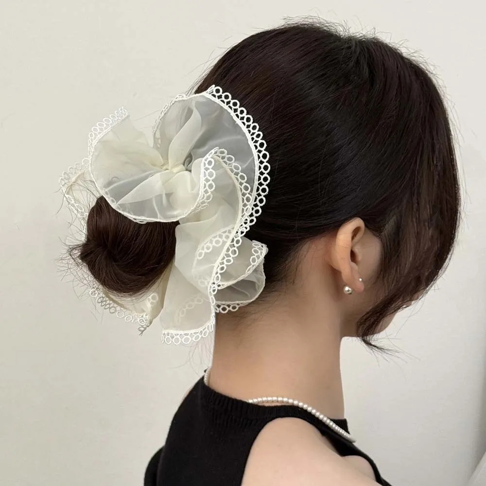 

Elastic Lace Trim Mesh Scrunchie Korean Style Solid Color Large Intestine Hair Ring Headwear Sweet Double-layer Mesh Hair Rope