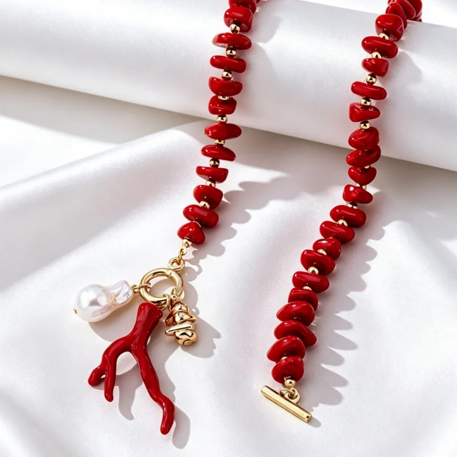 Boho Beach Red/Green Resin Coral Beaded Necklace For Women Baroque Imitation Pearl Pendant Toggle Clasp Choker Fashion Jewelry