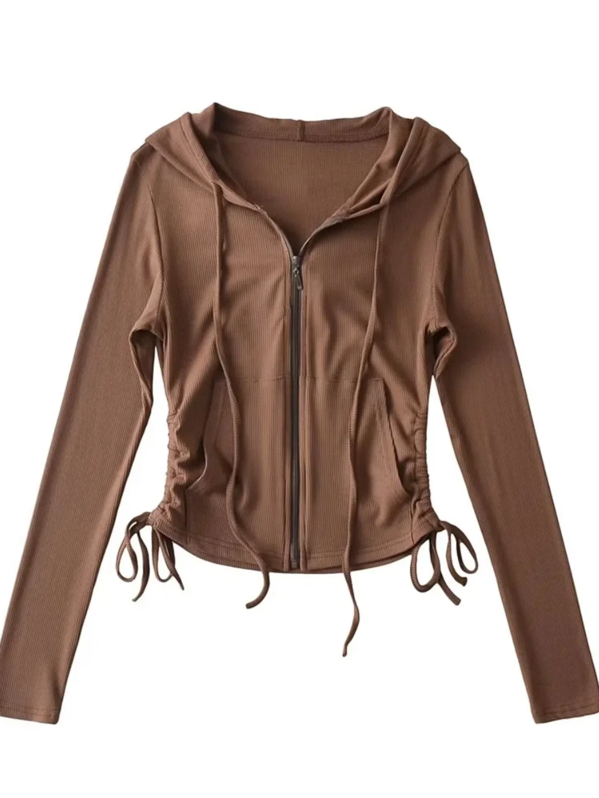 

Early Autumn Spicy Girl Sle Elastic Slim Fit Side Cord Hooded Zipper Jaet Women's Waist a Top Ladies ort Coat