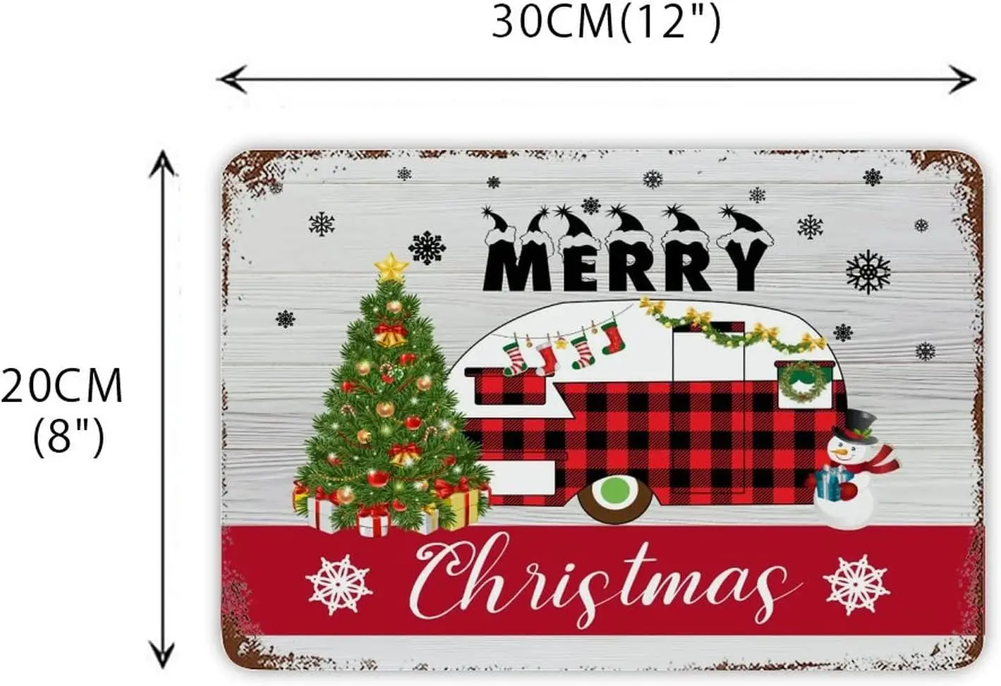 Merry Christmas Sign Red Black Plaid Car Tin Sign Christmas Tree Metal Sign Classic Wood Grain Fireplace Mantel Metal Wal