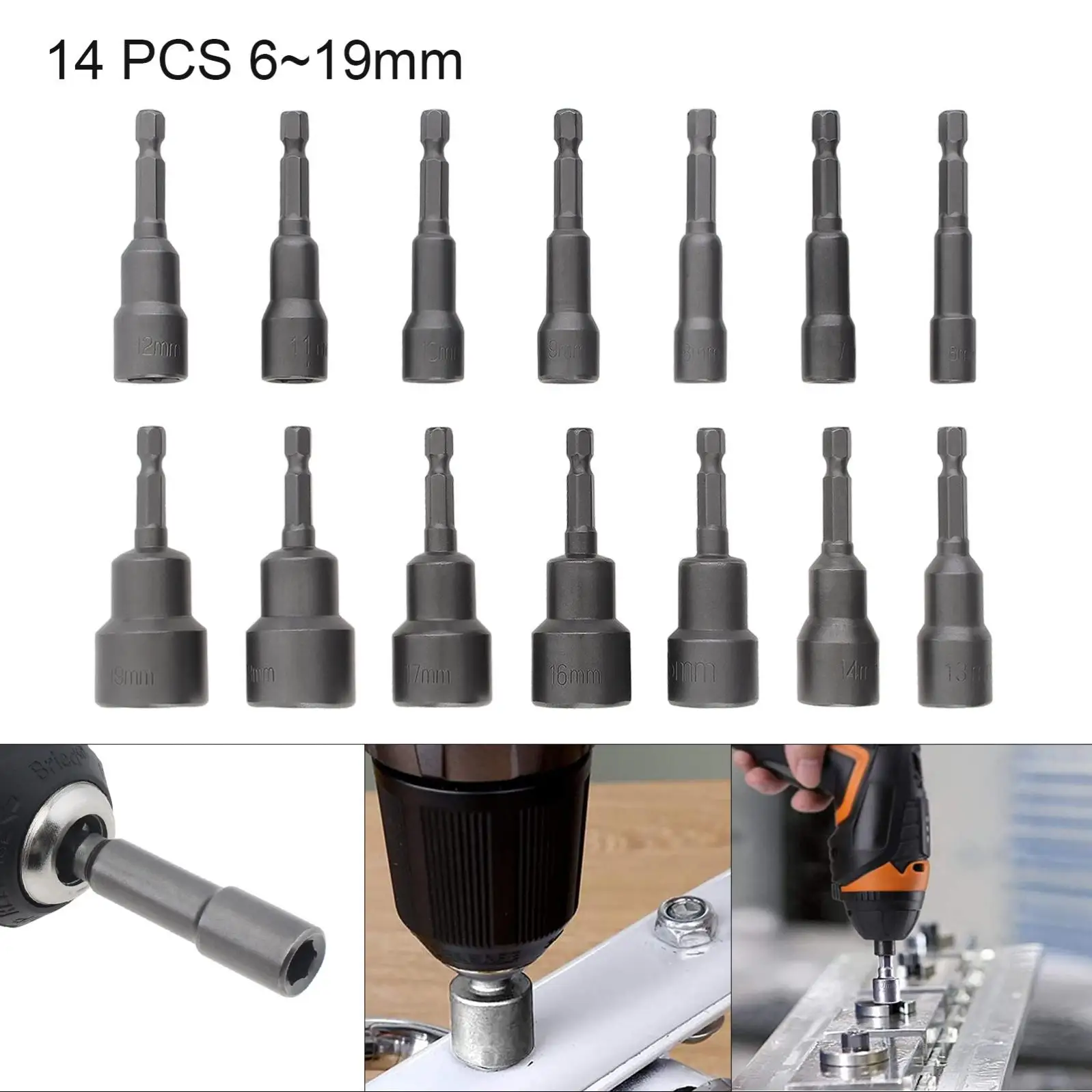 14pcs/set Magnetic Hexagon Socket 6-19mm 1/4-Inch Hex Shank Nut Setter Driver Drill Bits Set for Electric Screwdriver Tools