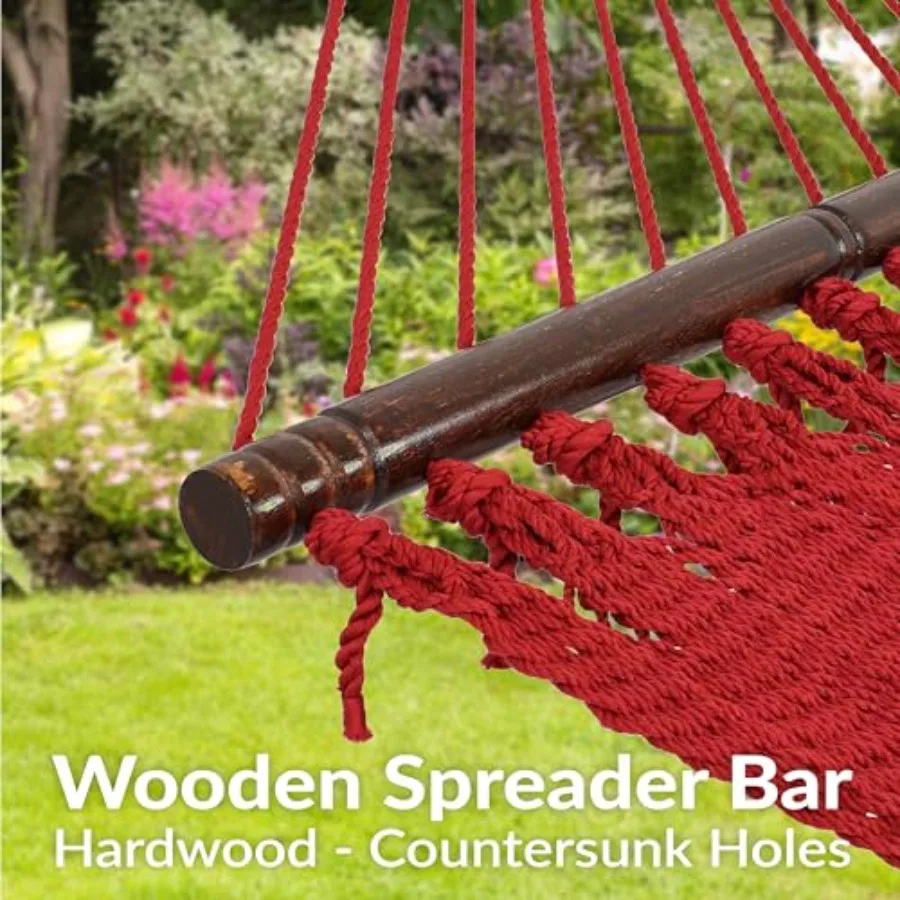Outdoor double rope hammock for backyard, camping, or patio: red soft-spun polyester, 75 x 55 bed, 600 lb capacity, wood spread