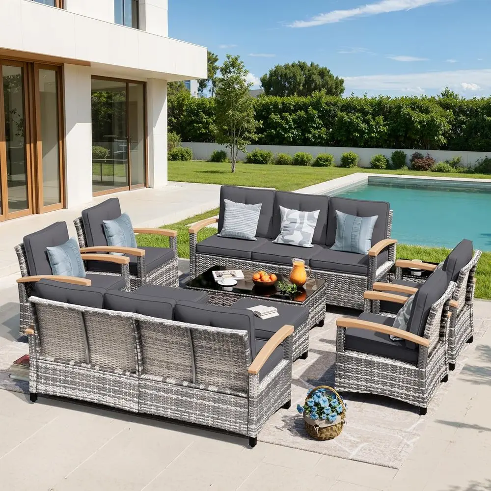 

10 Pieces Outdoor Patio urniture Sets, Wicker Patio Contion Sets with 2 Wood Armrests Swivel Glide Chairs,2 Single Chairs, Outdo
